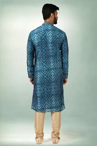 men's blue print on art silk fabric kurta churidar with with lining