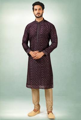 men's purple print on art silk fabric kurta churidar with with lining 1
