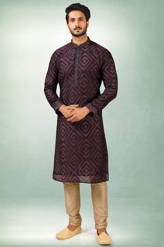 Men's purple print on art silk fabric kurta with with lining