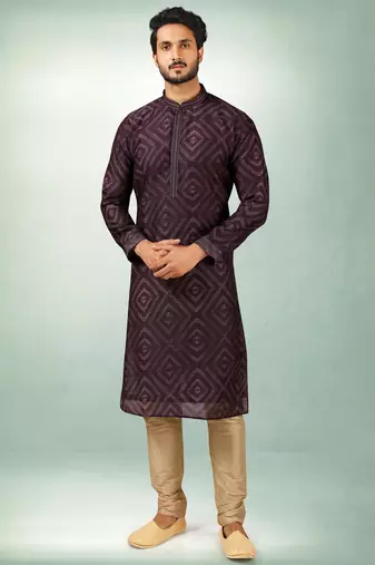 Men's purple print on art silk fabric kurta with with lining