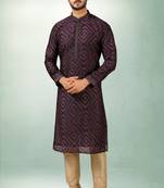 Men's purple print on art silk fabric kurta with with lining