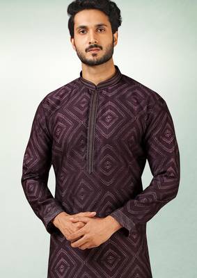 men's purple print on art silk fabric kurta churidar with with lining 2