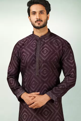 men's purple print on art silk fabric kurta churidar with with lining