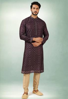 men's purple print on art silk fabric kurta churidar with with lining 3