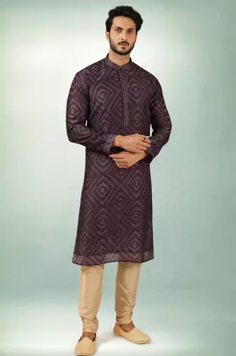 men's purple print on art silk fabric kurta churidar with with lining