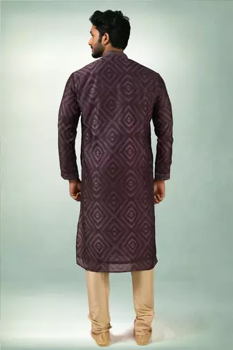 men's purple print on art silk fabric kurta churidar with with lining