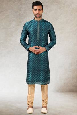 men's teal green print on art silk fabric kurta churidar with with lining 1