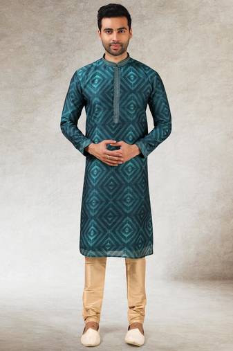 Men's teal green print on art silk fabric kurta with with lining