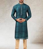 Men's teal green print on art silk fabric kurta with with lining