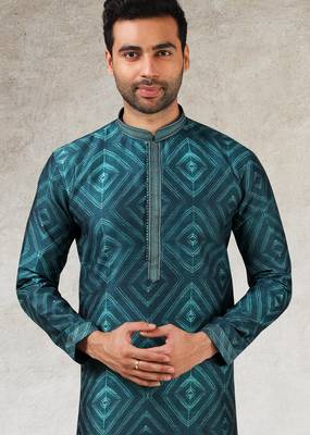 men's teal green print on art silk fabric kurta churidar with with lining 2