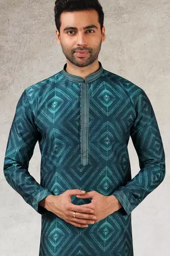 men's teal green print on art silk fabric kurta churidar with with lining