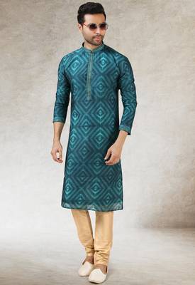 men's teal green print on art silk fabric kurta churidar with with lining 3
