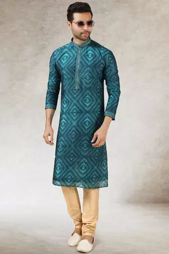 men's teal green print on art silk fabric kurta churidar with with lining