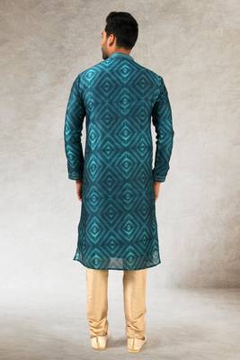 men's teal green print on art silk fabric kurta churidar with with lining 4