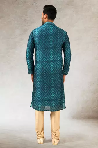 men's teal green print on art silk fabric kurta churidar with with lining