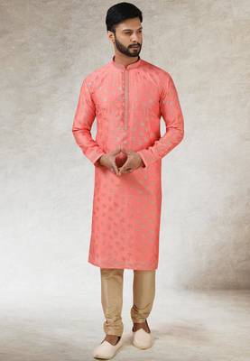 men's pink print on art silk fabric kurta churidar with with lining 1