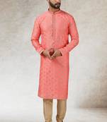 Men's pink print on art silk fabric kurta with with lining