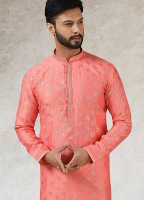 men's pink print on art silk fabric kurta churidar with with lining 2