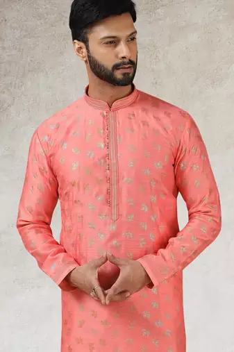 men's pink print on art silk fabric kurta churidar with with lining