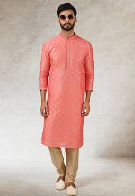 men's pink print on art silk fabric kurta churidar with with lining 3