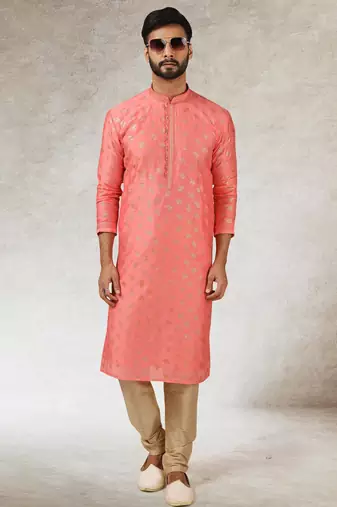 men's pink print on art silk fabric kurta churidar with with lining