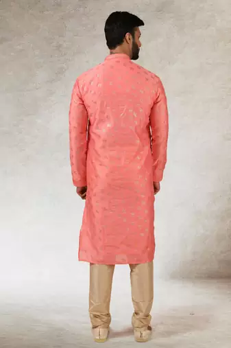 men's pink print on art silk fabric kurta churidar with with lining