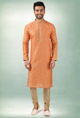 men's orange print on art silk fabric kurta churidar with with lining 1