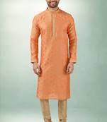 Men's orange print on art silk fabric kurta with with lining