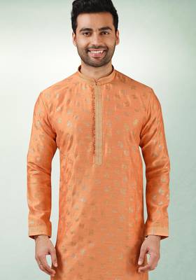 men's orange print on art silk fabric kurta churidar with with lining 2
