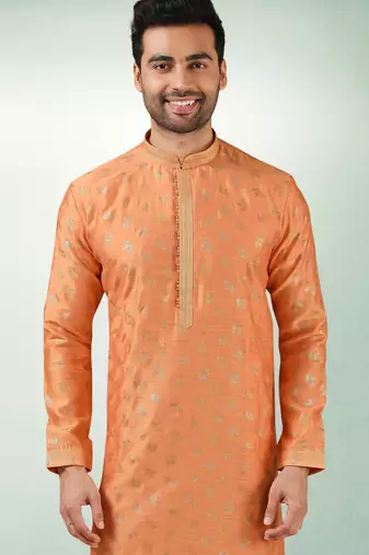 men's orange print on art silk fabric kurta churidar with with lining