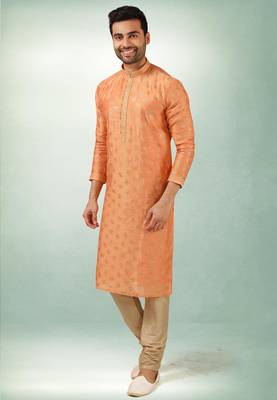 men's orange print on art silk fabric kurta churidar with with lining 3
