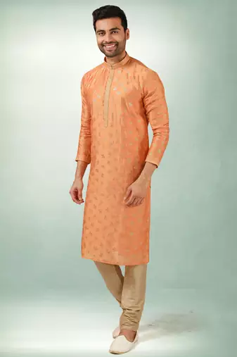 men's orange print on art silk fabric kurta churidar with with lining