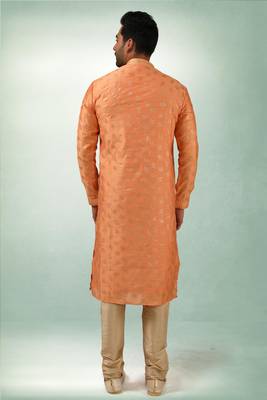 men's orange print on art silk fabric kurta churidar with with lining 4