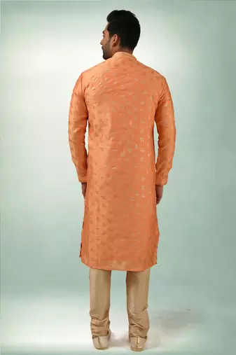 men's orange print on art silk fabric kurta churidar with with lining