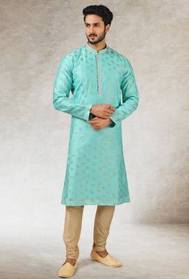 men's green print on art silk fabric kurta churidar with with lining 1