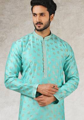 men's green print on art silk fabric kurta churidar with with lining 2