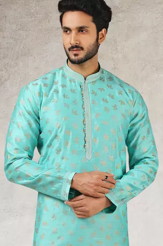 men's green print on art silk fabric kurta churidar with with lining