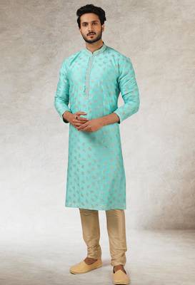 men's green print on art silk fabric kurta churidar with with lining 3