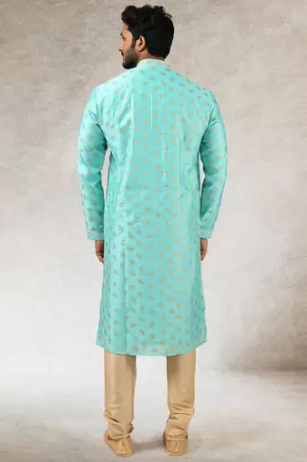 men's green print on art silk fabric kurta churidar with with lining