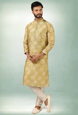 men's mehndi green  kurta churidar with print on art silk fabric and with lining 1