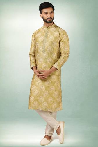 Men's mehndi green  kurta with print on art silk fabric and with lining