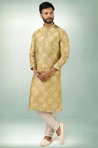 Men's mehndi green  kurta with print on art silk fabric and with lining