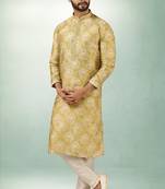 men's mehndi green  kurta churidar with print on art silk fabric and with lining