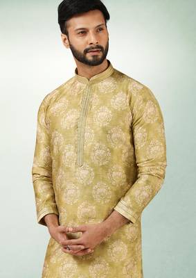 men's mehndi green  kurta churidar with print on art silk fabric and with lining 2