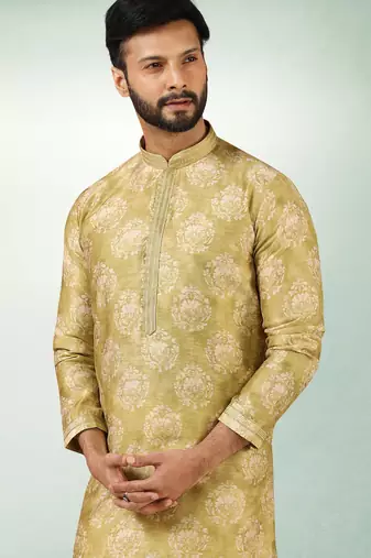 men's mehndi green  kurta churidar with print on art silk fabric and with lining