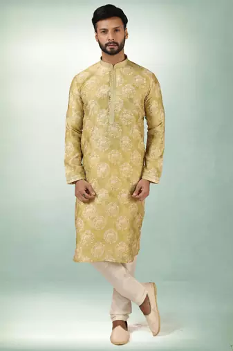 men's mehndi green  kurta churidar with print on art silk fabric and with lining