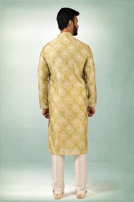 men's mehndi green  kurta churidar with print on art silk fabric and with lining 4