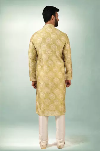 men's mehndi green  kurta churidar with print on art silk fabric and with lining