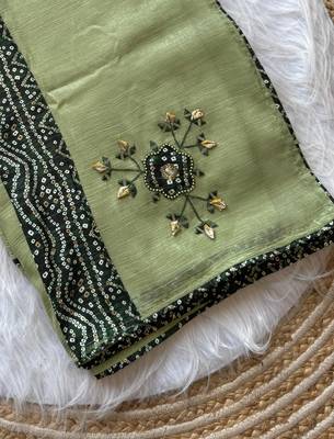 Light Green Mirror And Thread Embroidered Crunchy Chiffon Saree 1