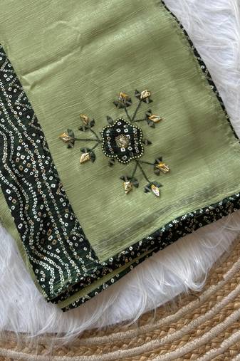 Light Green Mirror And Thread Embroidered Crunchy Chiffon Saree